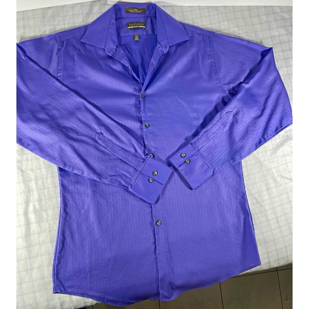 Van Heusen Men's Dress Shirt 15.5 34/35 Fitted Purple Striped Stretch